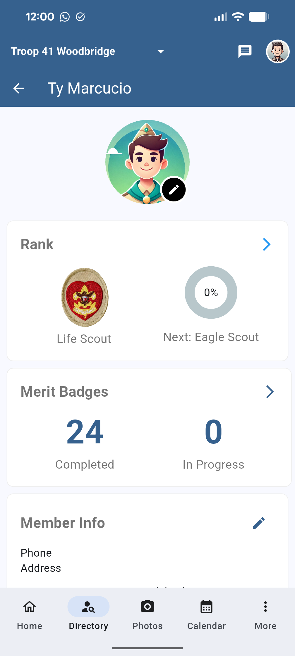 Mobile member profile showing Life Scout rank, Eagle Scout progress, and 24 earned merit badges