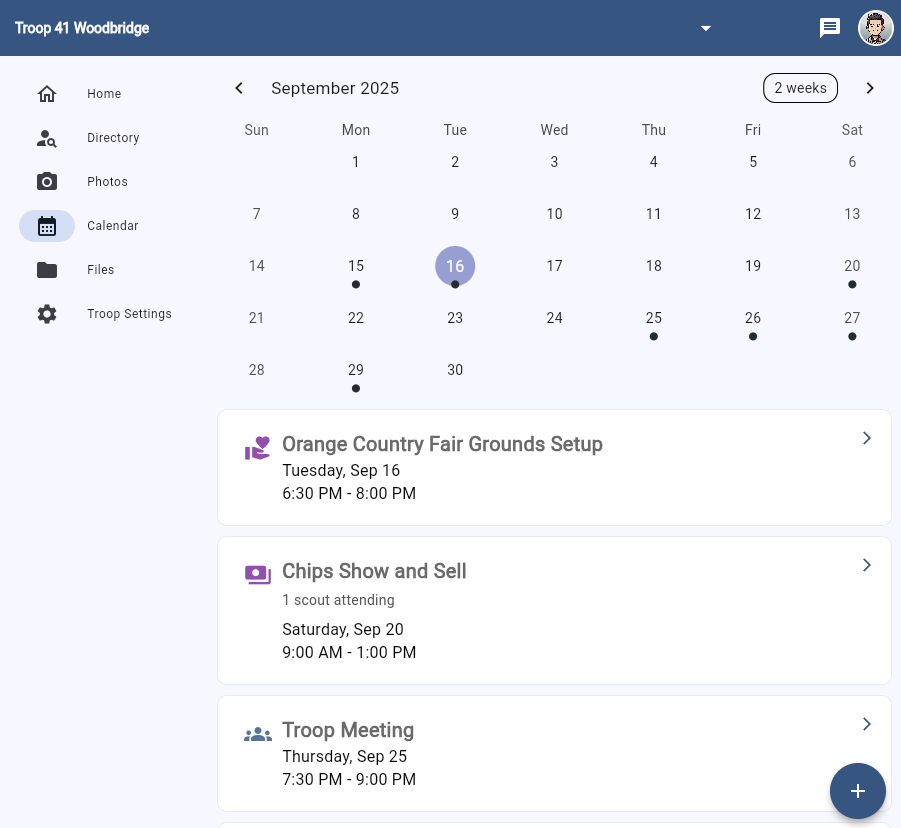 Event calendar interface showing monthly view with Scout events