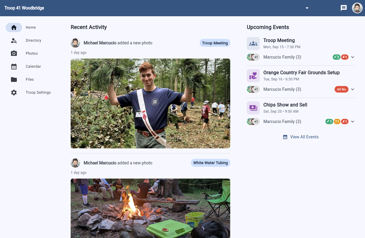 Campfire dashboard showing upcoming events and recent activity