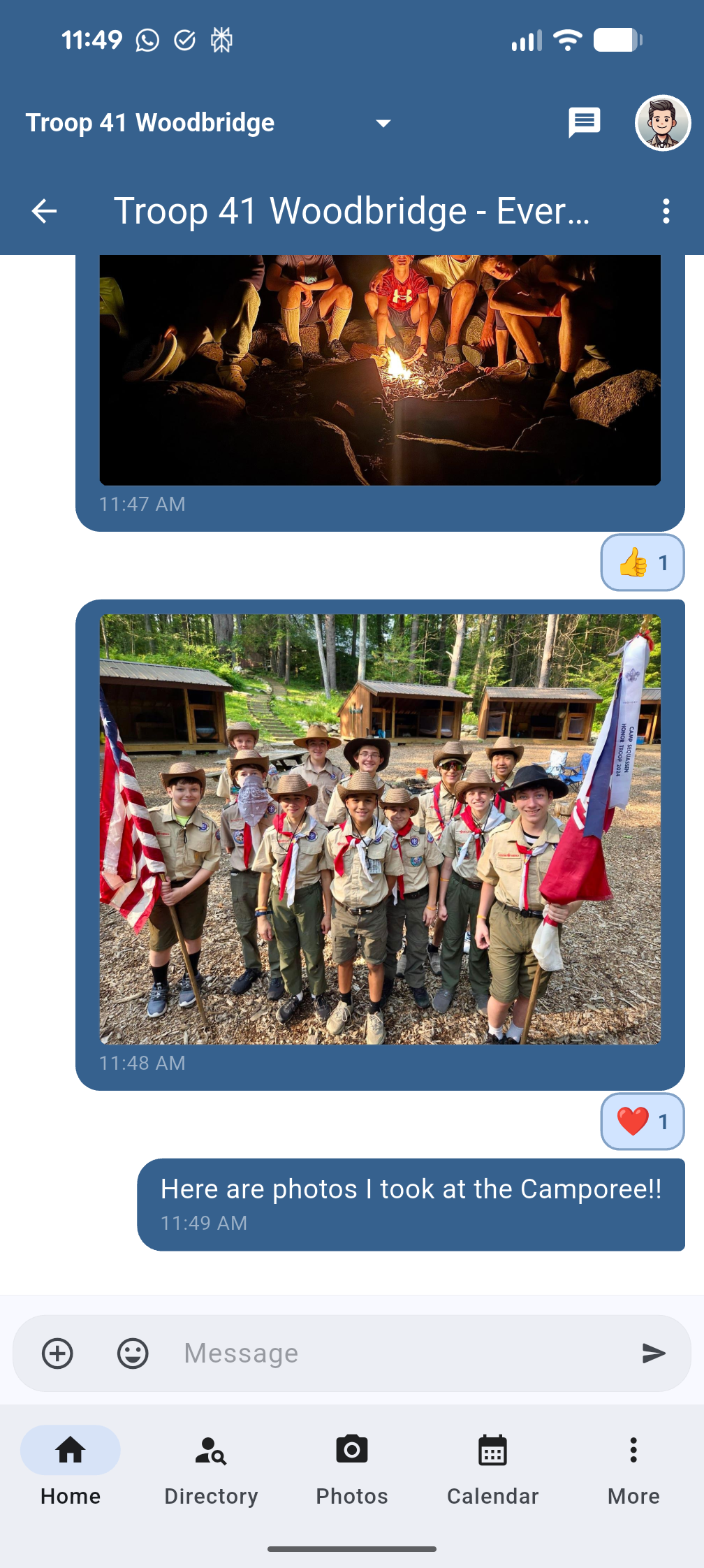 Mobile messaging interface showing event chat with Scout photos and reactions