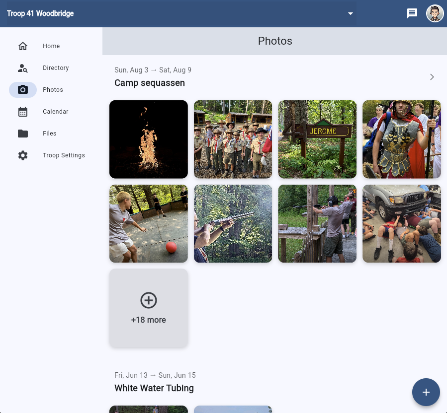 Photo gallery showing event pictures organized by activities