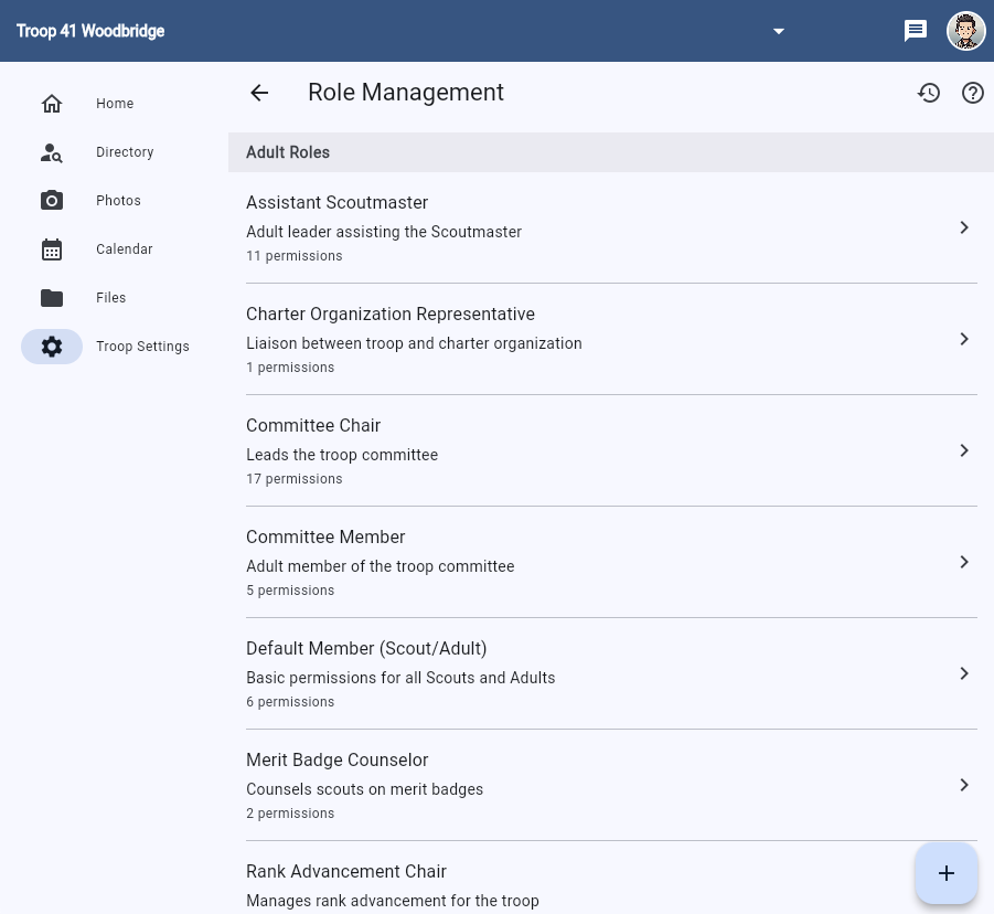 Role management interface showing adult roles like Assistant Scoutmaster, Committee Chair, and Merit Badge Counselor with permission counts