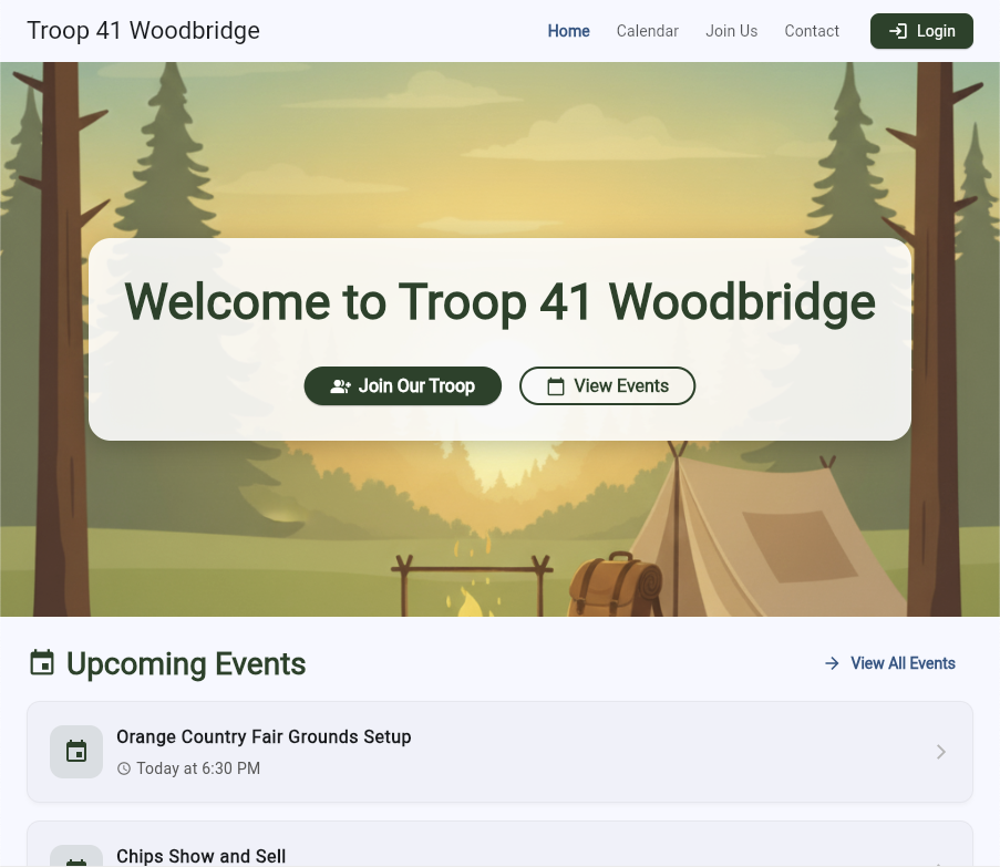Public troop website showing professional Scout-themed design with navigation, welcome message, and upcoming events